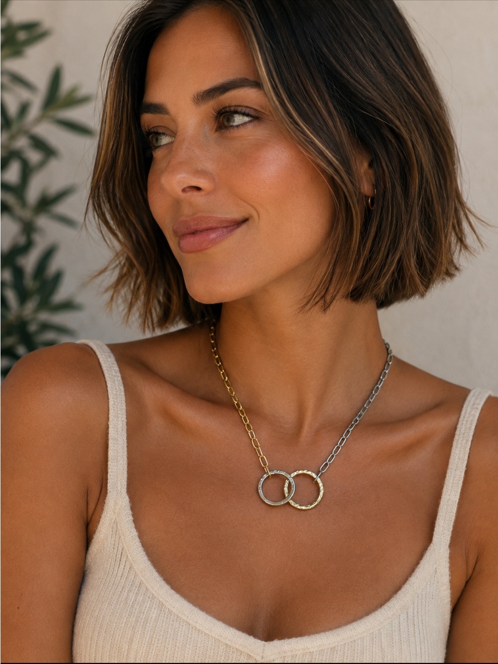Two-Tone Gold and Silver Interlocking Circle Necklace - Women Jewelry